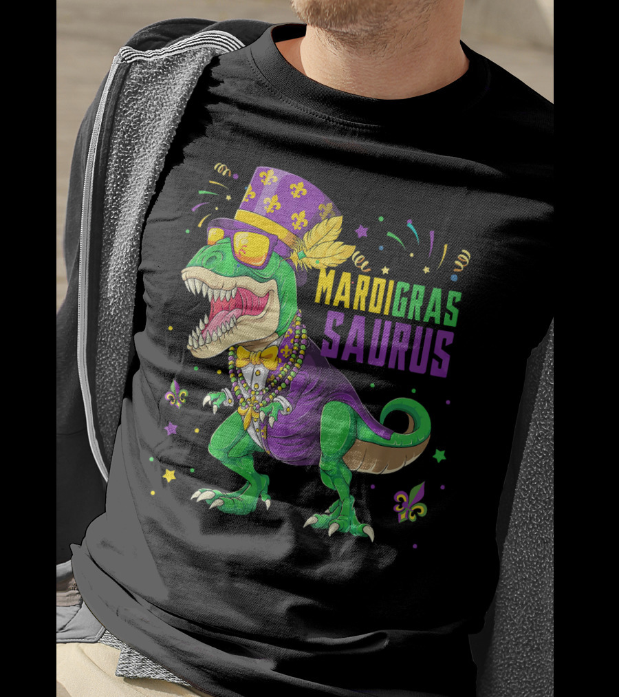 Mardi Gras Saurus T Rex Dinosaur Jester Kids T-Shirt