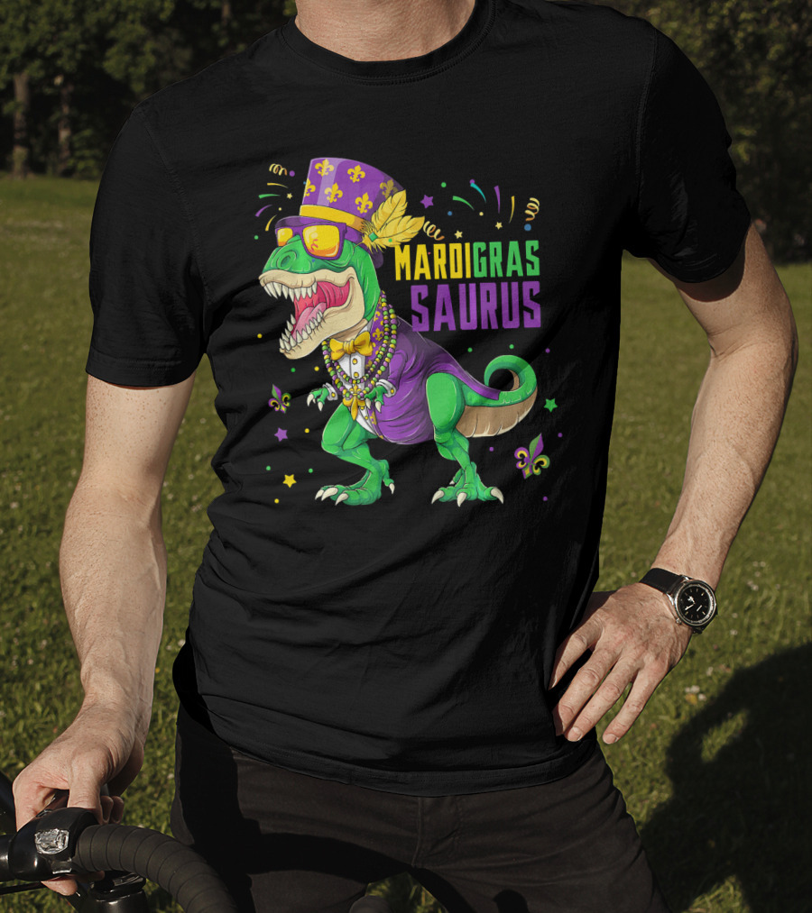 Mardi Gras Saurus T Rex Dinosaur Jester Kids T-Shirt