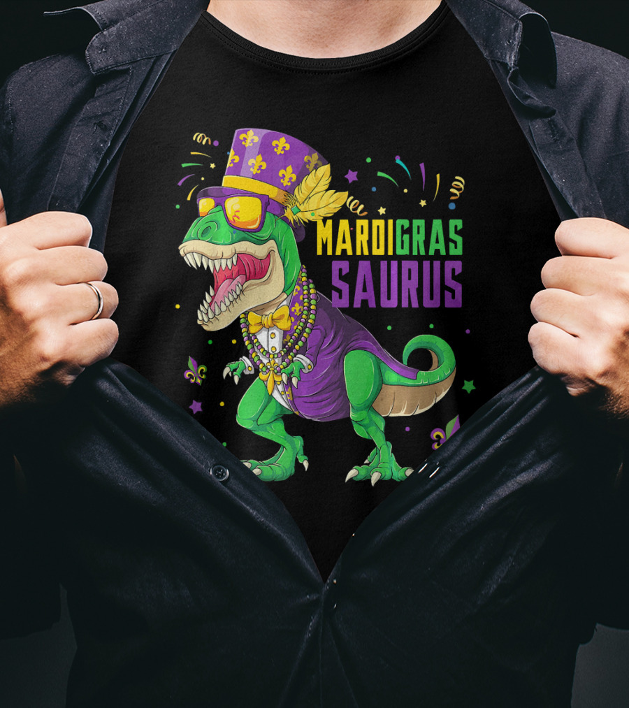 Mardi Gras Saurus T Rex Dinosaur Jester Kids T-Shirt