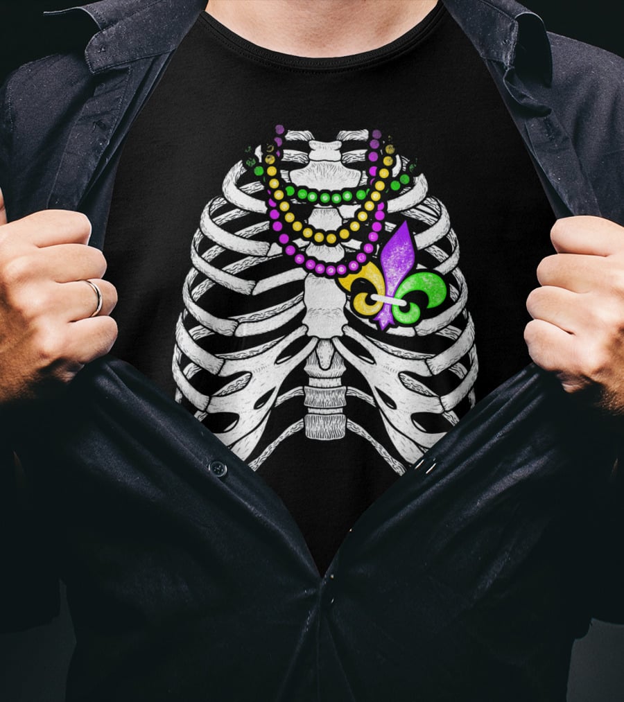 Mardi Gras Beads Skeleton Fleur De Lis Ribcage Heart T-Shirt