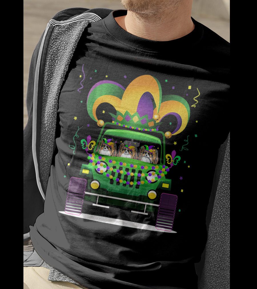 Papillon Dogs In Festive Mardi Gras Jeep Parade T-Shirt