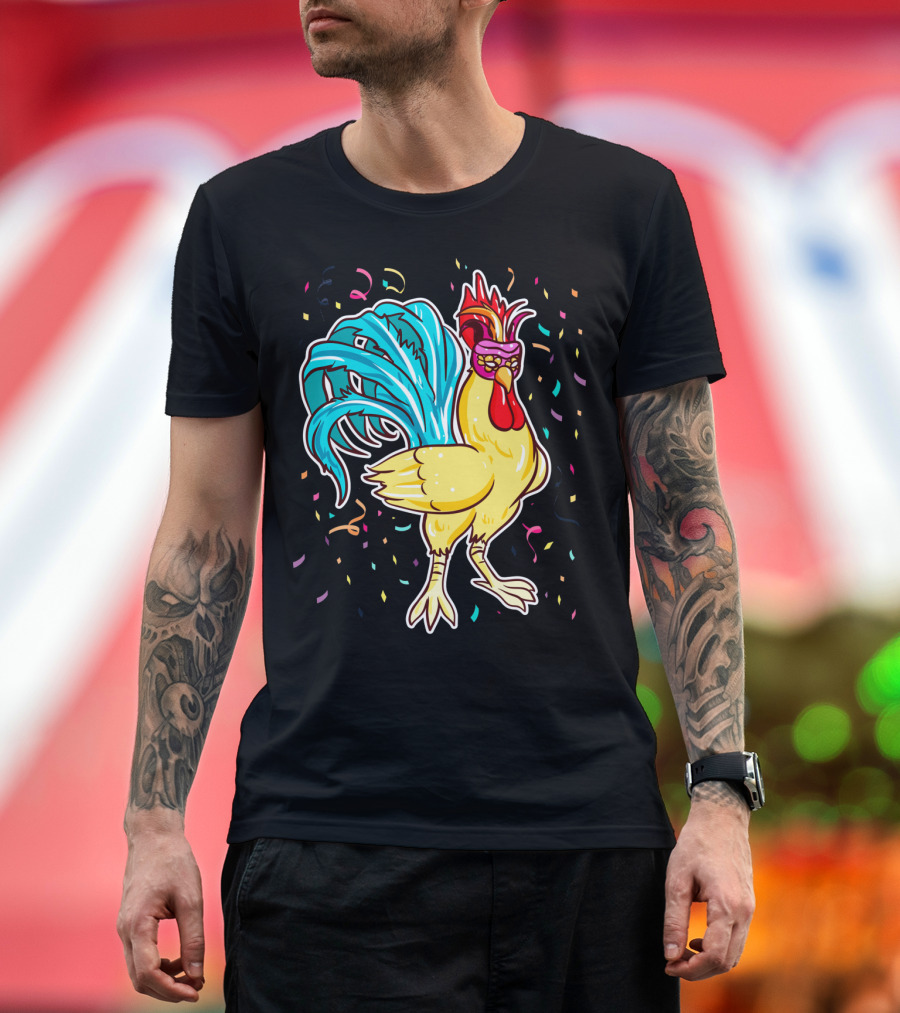Chicken Mardi Gras Carnival Rooster with Colorful Feathers and Confetti T-Shirt