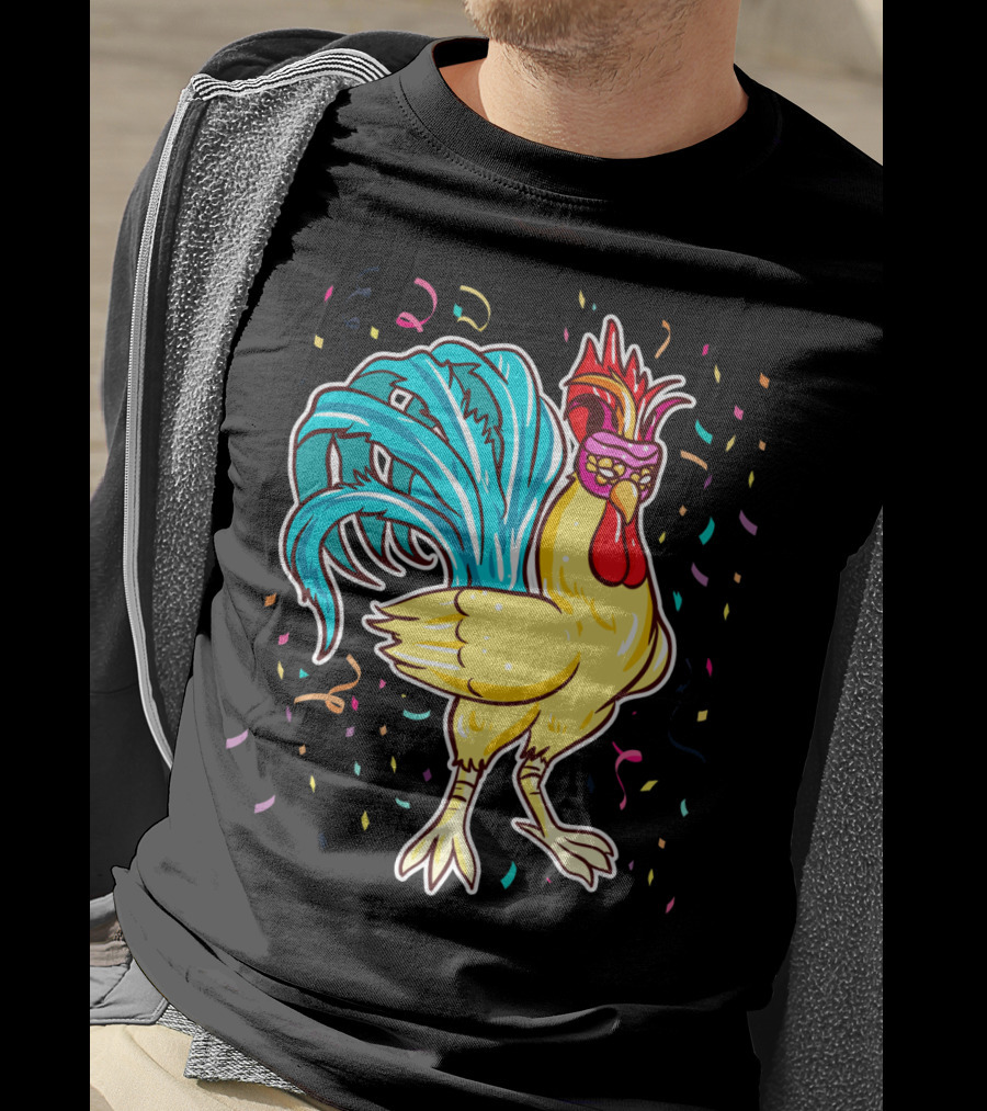 Chicken Mardi Gras Carnival Rooster With Colorful Feathers And Confetti T-Shirt