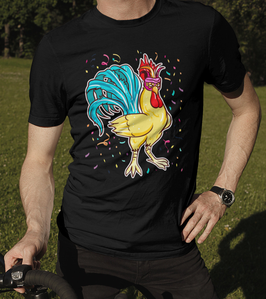 Chicken Mardi Gras Carnival Rooster With Colorful Feathers And Confetti T-Shirt
