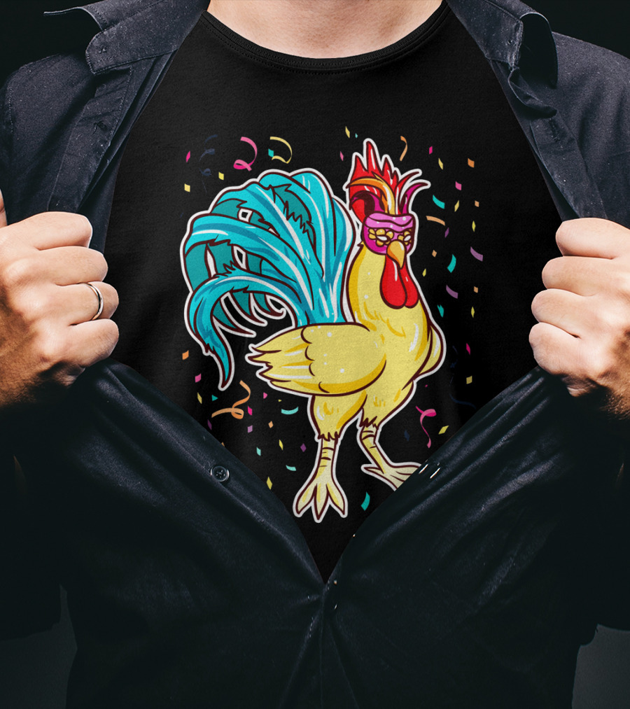 Chicken Mardi Gras Carnival Rooster With Colorful Feathers And Confetti T-Shirt