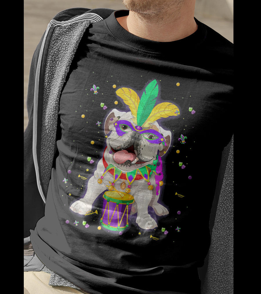 Mardi Gras Bulldog With Mask Beads And Drum T-Shirt