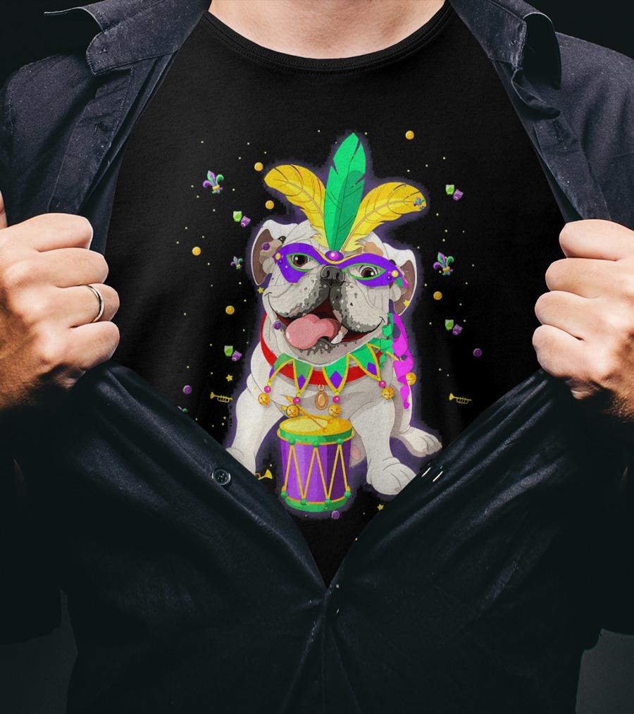 Mardi Gras Bulldog With Mask Beads And Drum T-Shirt