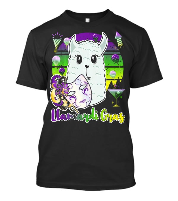 Llamardi Gras Mardi Gras Carnival Mask And Llama With Cocktail And Party Elements T-Shirt