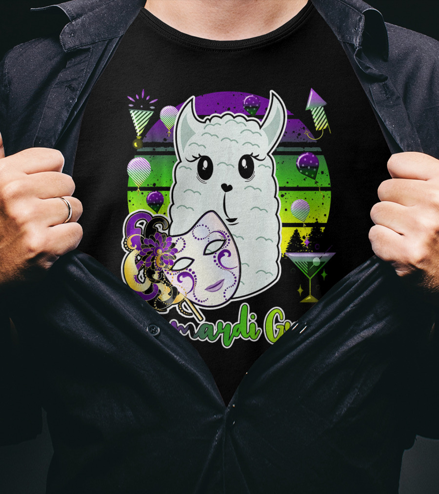 Llamardi Gras Mardi Gras Carnival Mask And Llama With Cocktail And Party Elements T-Shirt