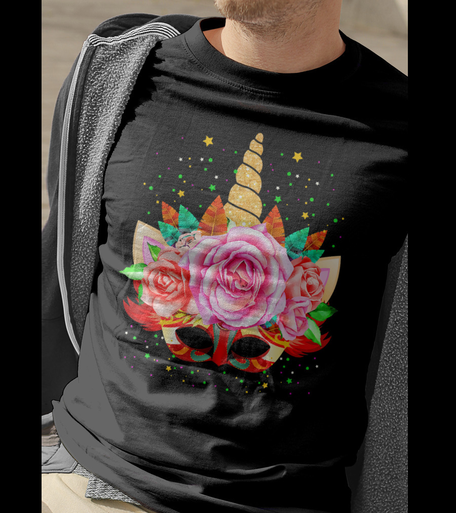 Mardi Gras Unicorn Mask With Roses And Feathers T-Shirt