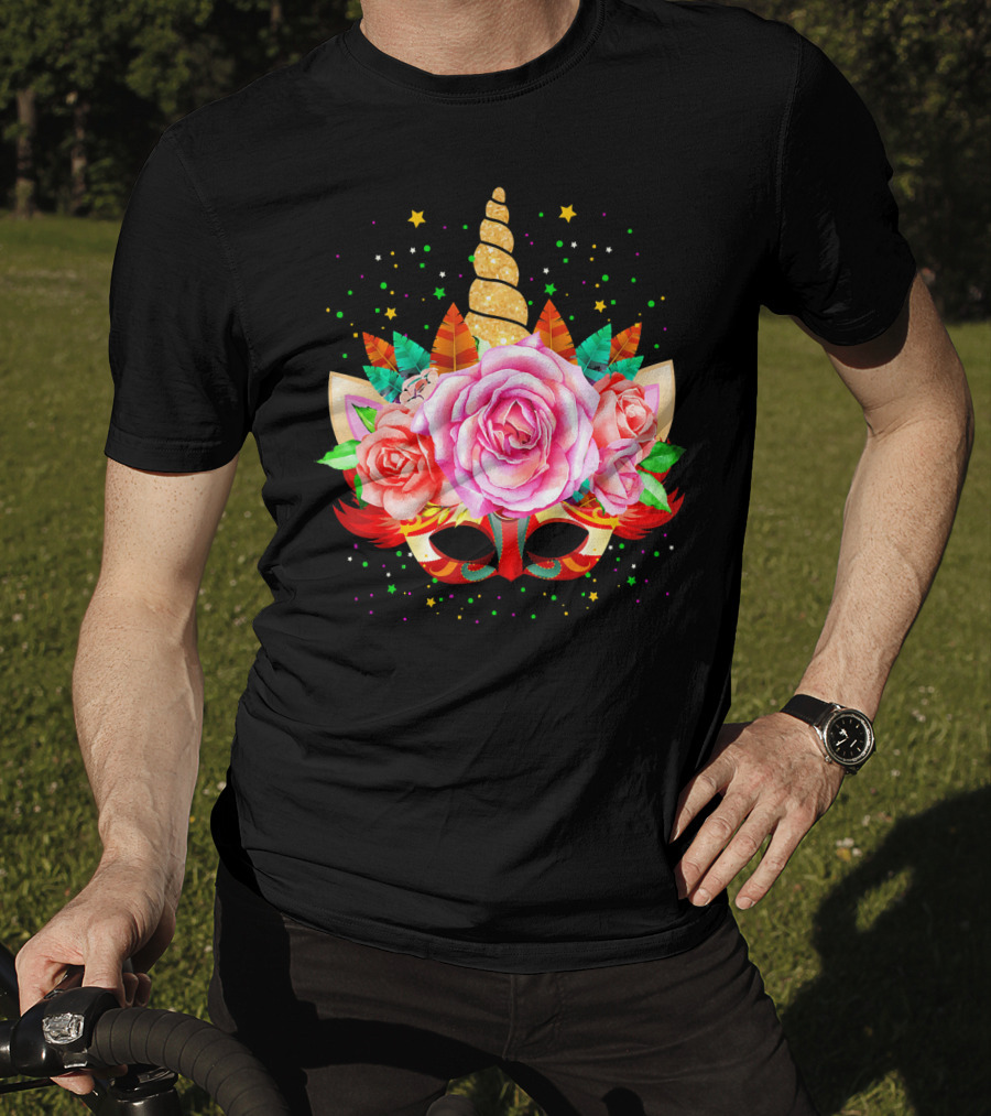 Mardi Gras Unicorn Mask With Roses And Feathers T-Shirt