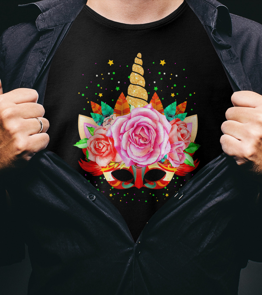 Mardi Gras Unicorn Mask With Roses And Feathers T-Shirt