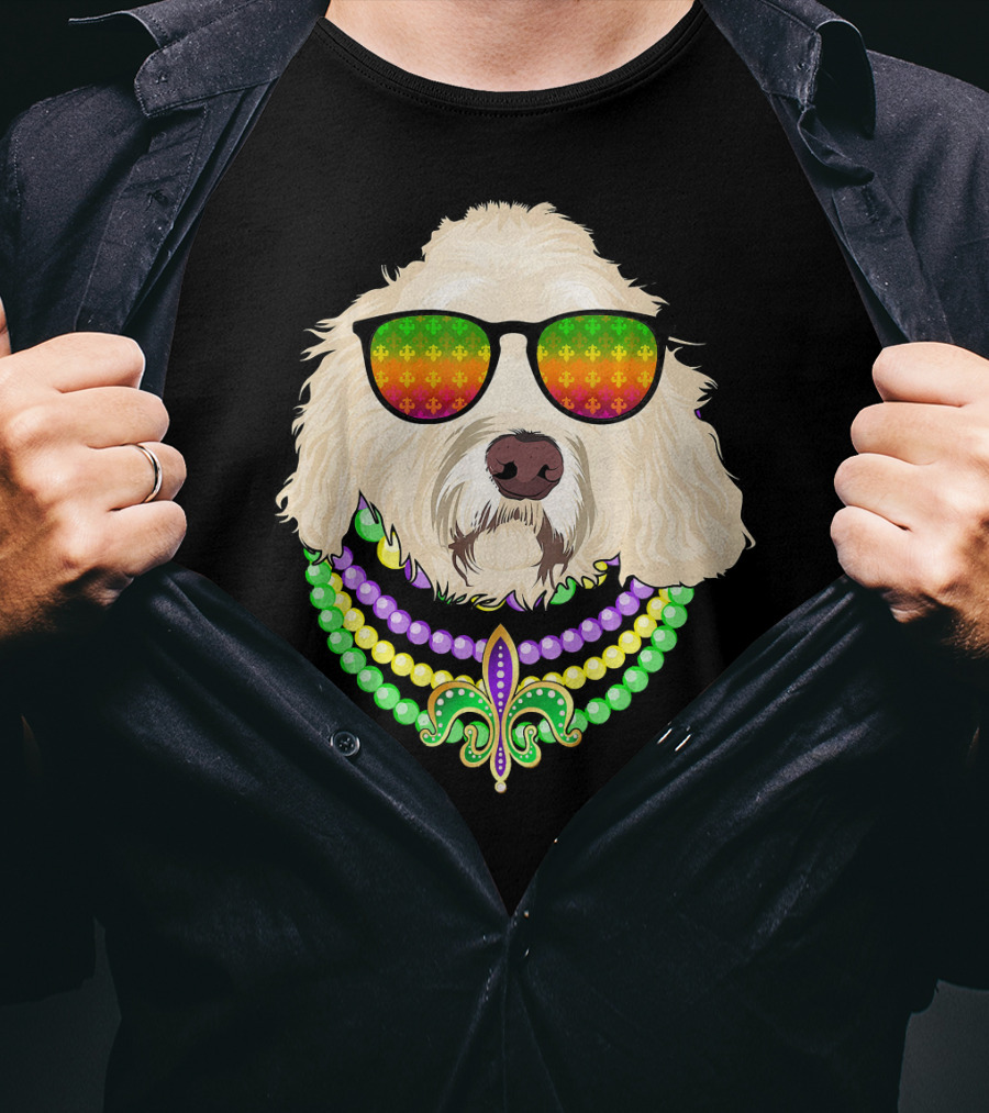 Goldendoodle In Beads And Shades Mardi Gras Fleur-de-Lis T-Shirt