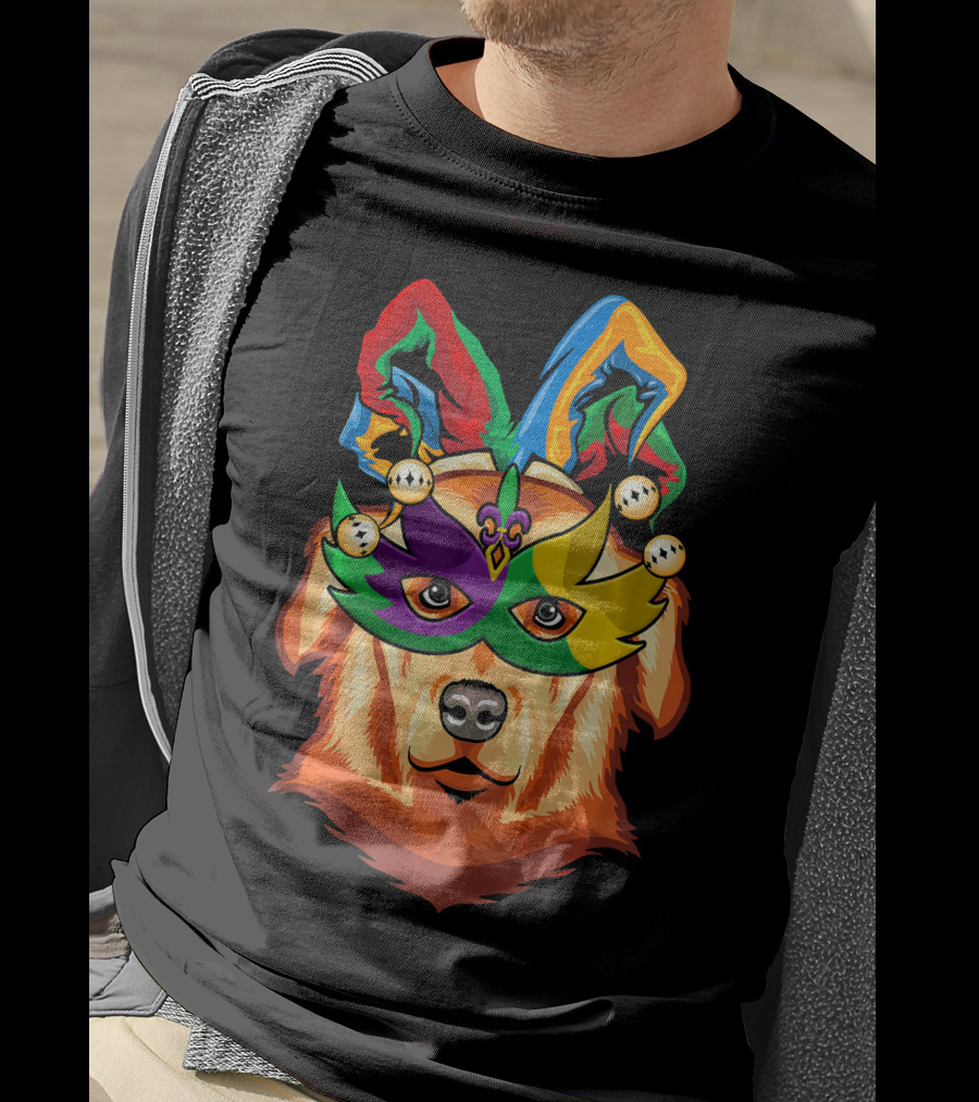 Golden Retriever Jester Mask Mardi Gras Beads Fleur-de-Lis T-Shirt