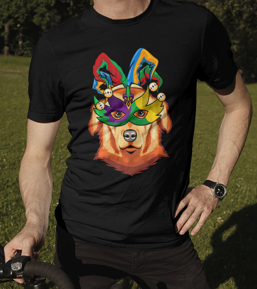 Golden Retriever Jester Mask Mardi Gras Beads Fleur-de-Lis T-Shirt