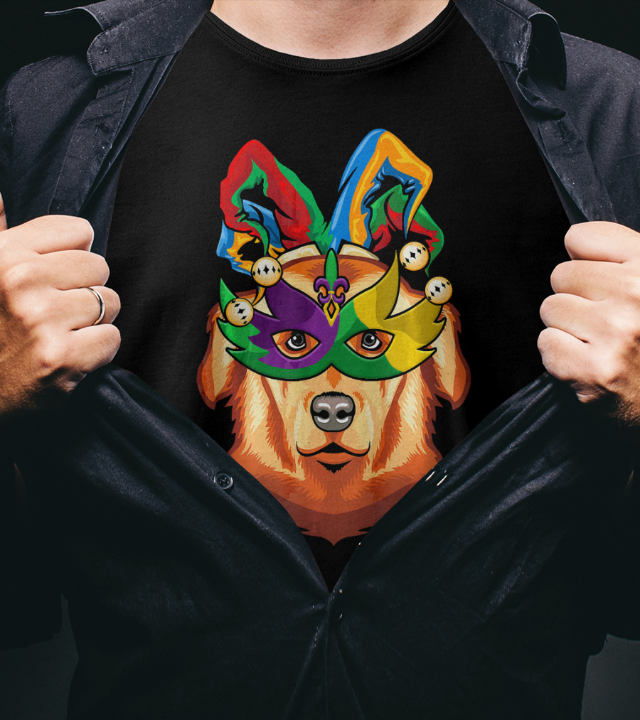 Golden Retriever Jester Mask Mardi Gras Beads Fleur-de-Lis T-Shirt
