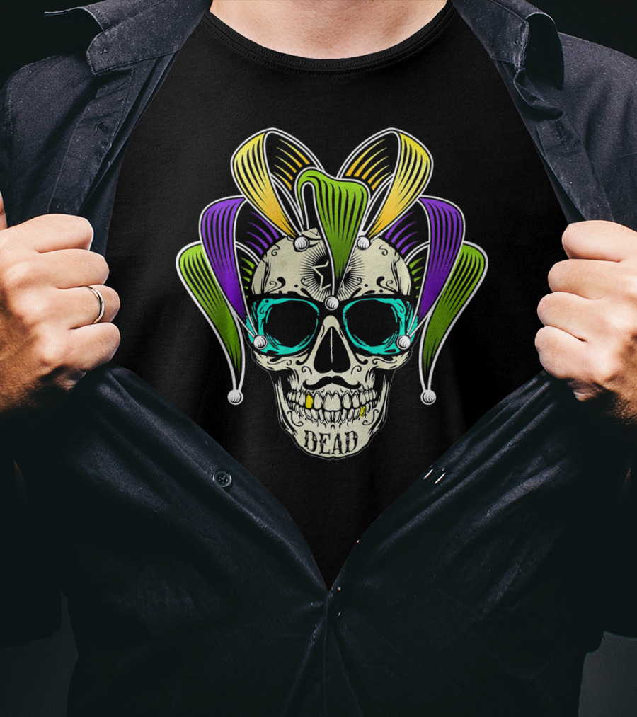 Mardi Gras Jester Skull Dead Clown Horror T-Shirt