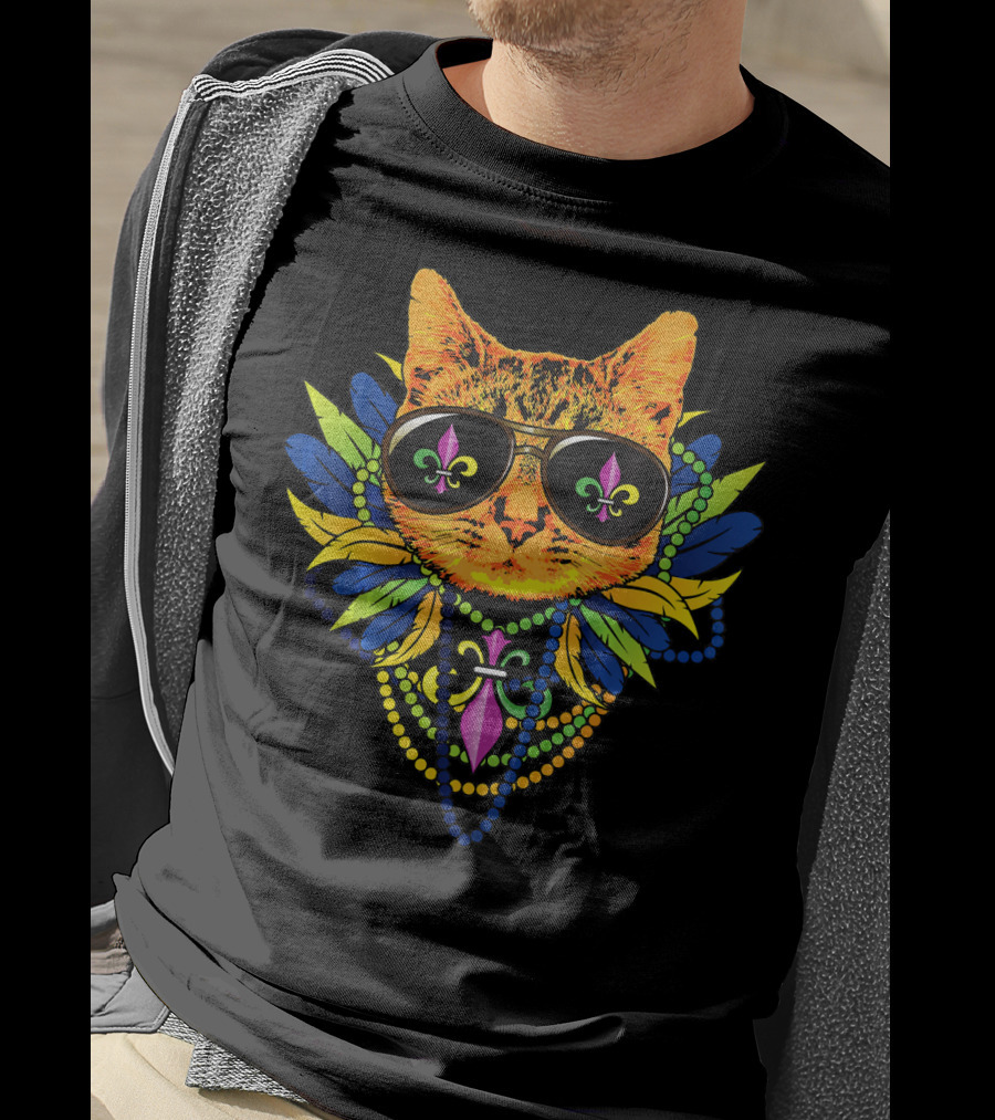 Mardi Gras Cat Cool Fat Tuesday Kittens Fleur De Lis Sunglasses Beads T-Shirt