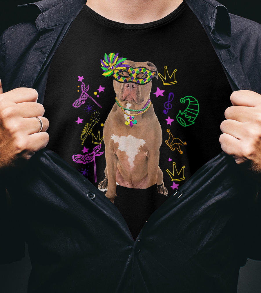 Pit Bull Mardi Gras Dog Mom Party Festive Mask Beads Crowns Music Notes T-Shirt