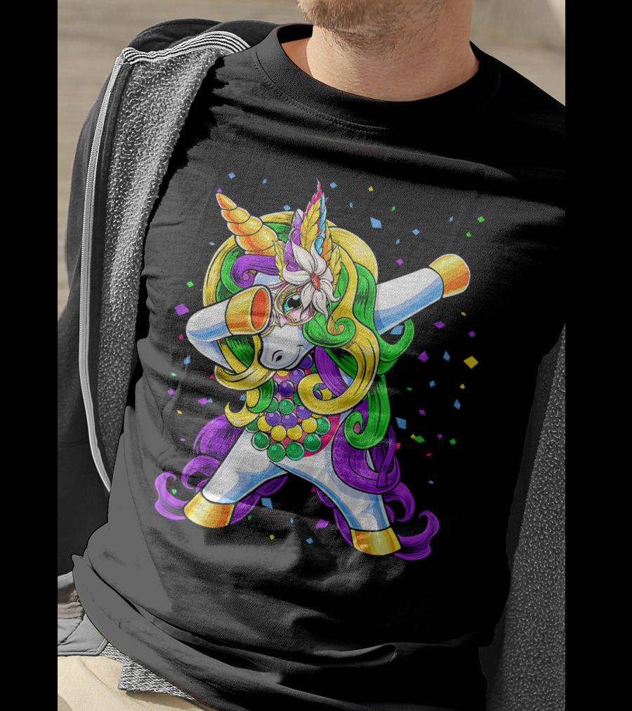 Dabbing Unicorn Mardi Gras Beads With Colorful Confetti T-Shirt