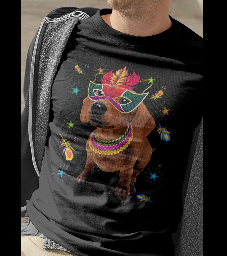 Dachshund Wearing Mardi Gras Mask And Colorful Beads Surrounded By Festive Stars And Feathers T-Shirt