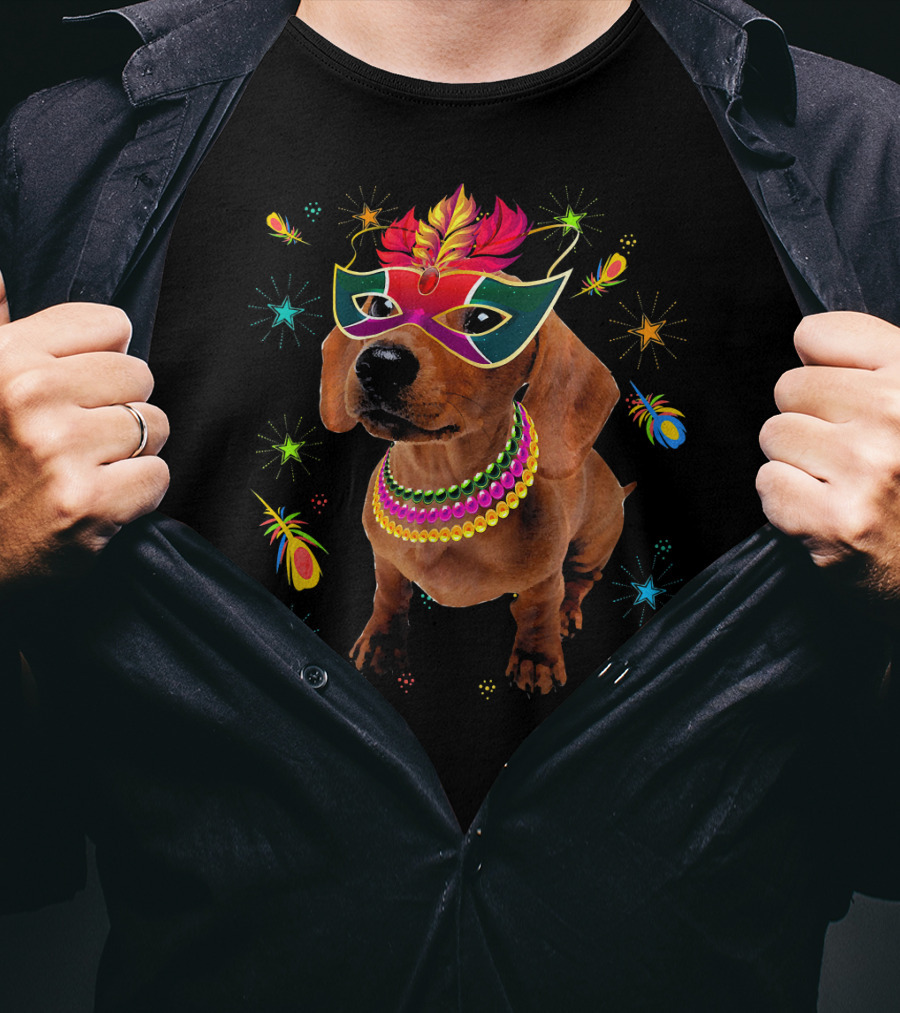 Dachshund Wearing Mardi Gras Mask And Colorful Beads Surrounded By Festive Stars And Feathers T-Shirt