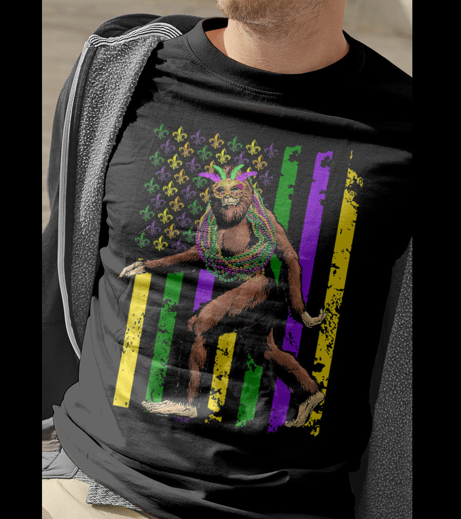Bigfoot Mardi Gras Beads Fleur-de-Lis American Flag Stripes T-Shirt