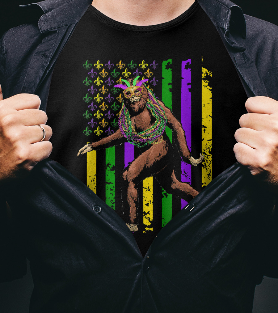 Bigfoot Mardi Gras Beads Fleur-de-Lis American Flag Stripes T-Shirt