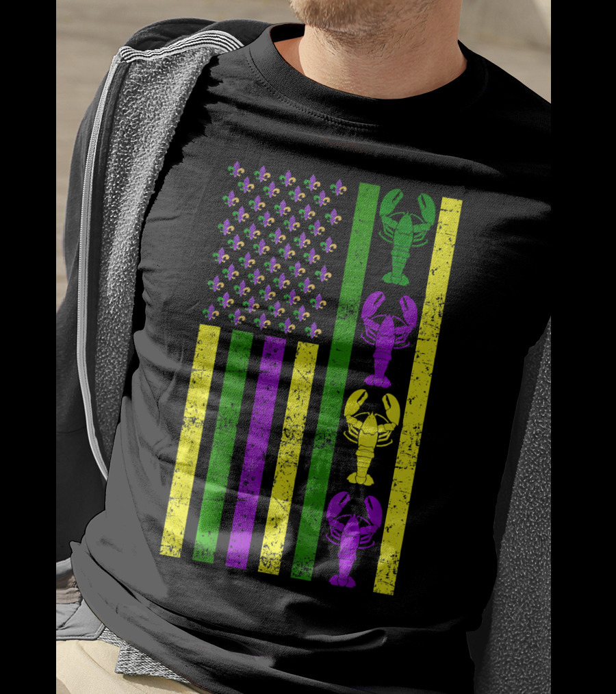US Mardi Gras New Orleans Crawfish Fleur-de-Lis Flag T-Shirt