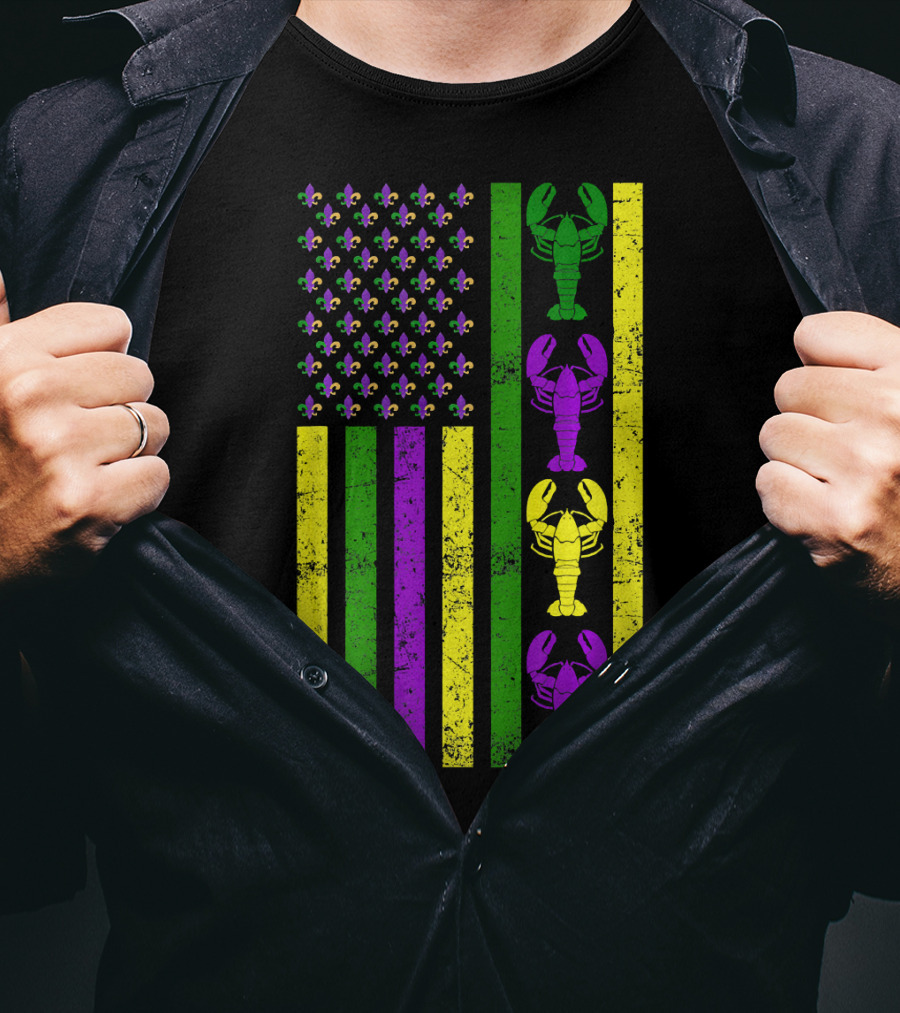 US Mardi Gras New Orleans Crawfish Fleur-de-Lis Flag T-Shirt