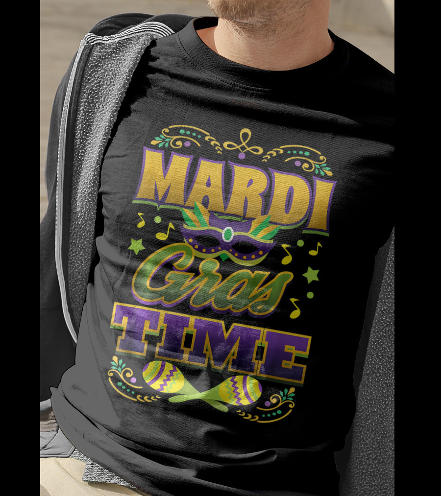 Mardi Gras Time Mask Music Notes Maracas T-Shirt