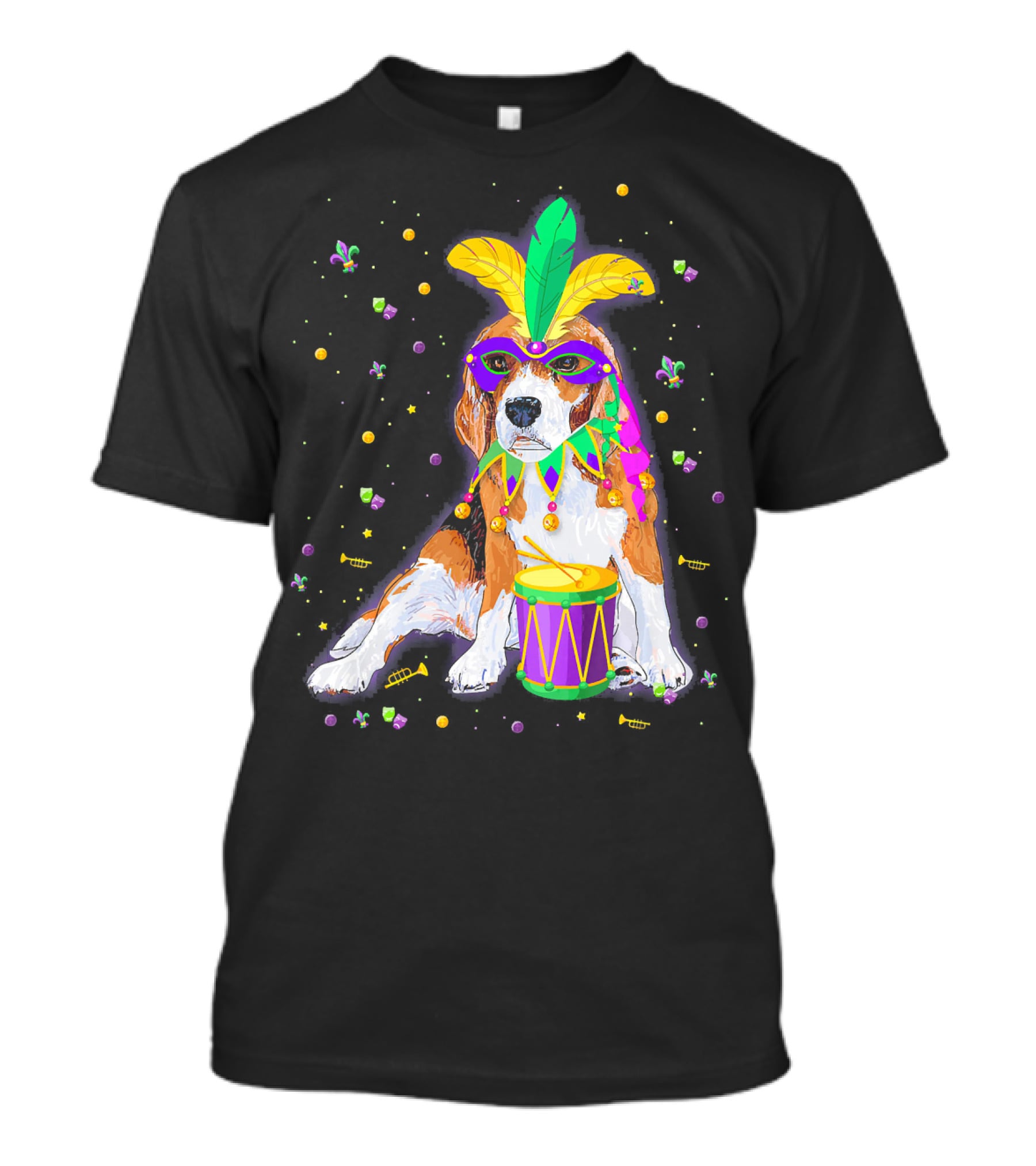 Mardi Gras Beagle In Mask With Feathers And Drum T-Shirt