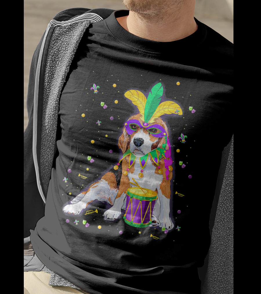 Mardi Gras Beagle In Mask With Feathers And Drum T-Shirt