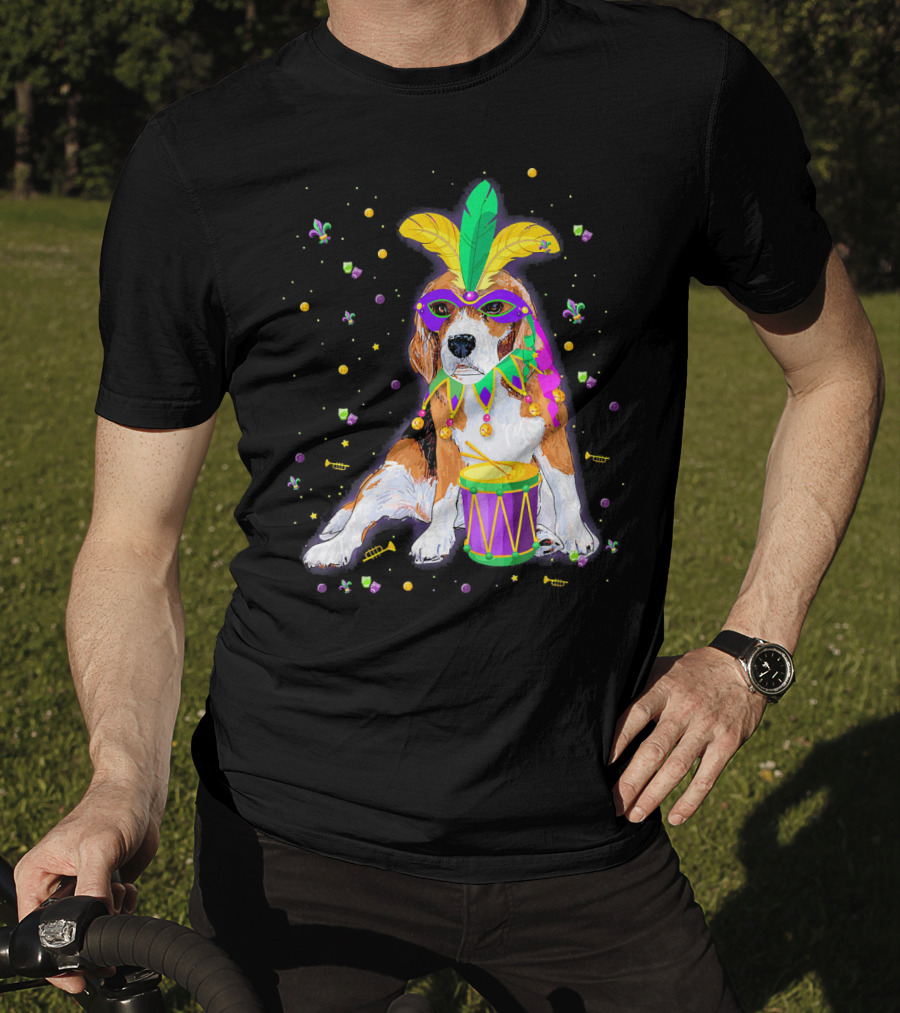 Mardi Gras Beagle In Mask With Feathers And Drum T-Shirt