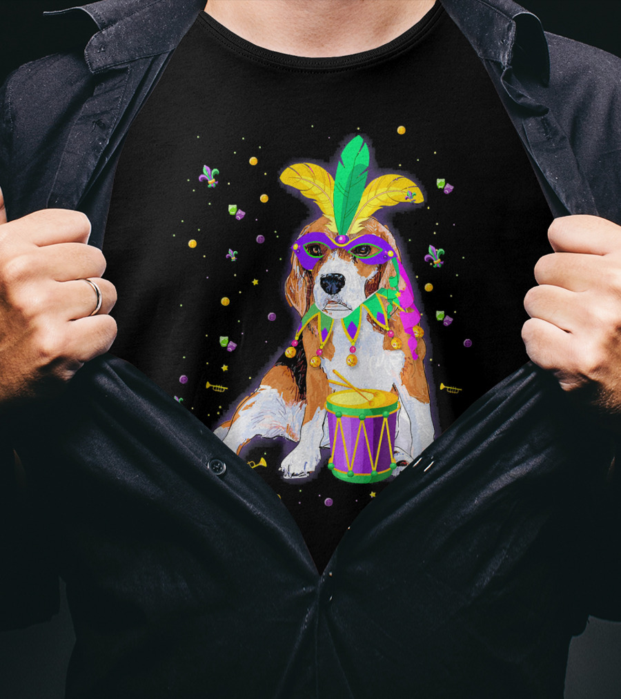 Mardi Gras Beagle In Mask With Feathers And Drum T-Shirt