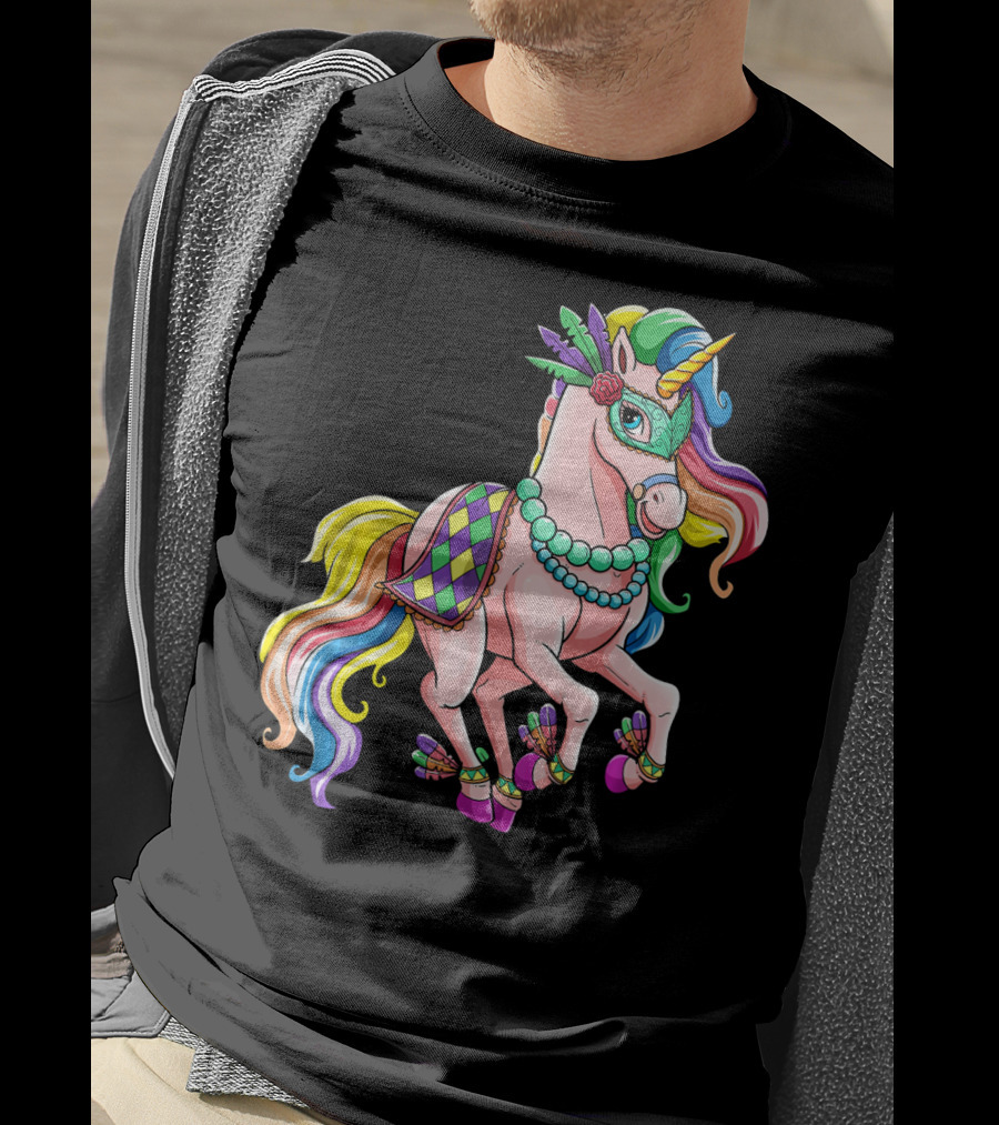 Kids Mardi Gras Unicorn With Colorful Mask And Beads T-Shirt