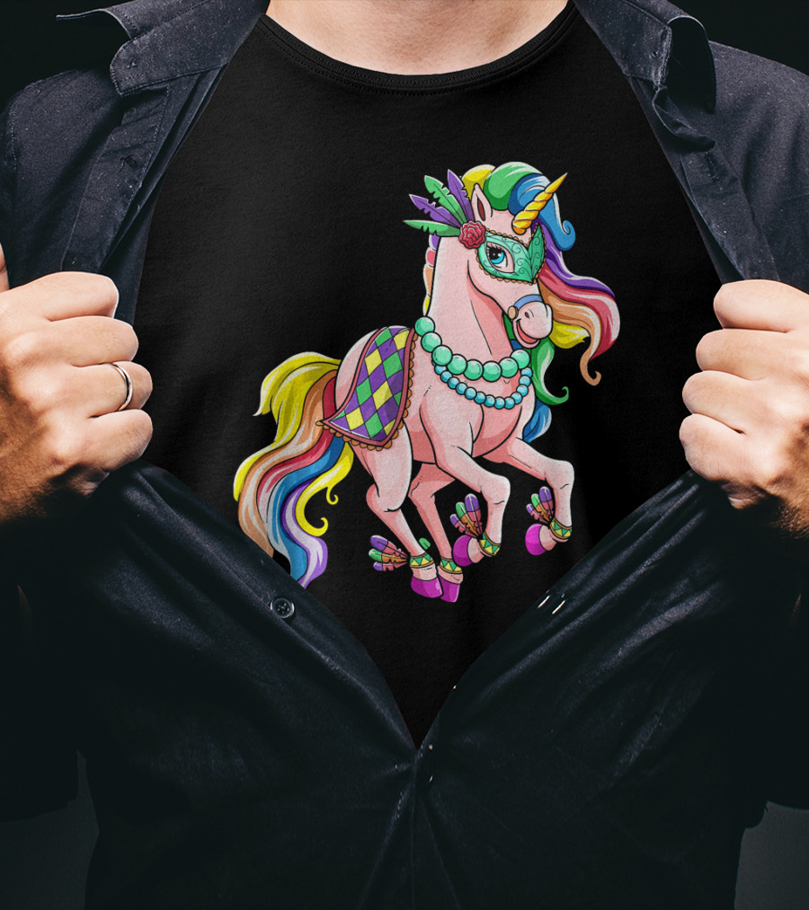 Kids Mardi Gras Unicorn With Colorful Mask And Beads T-Shirt