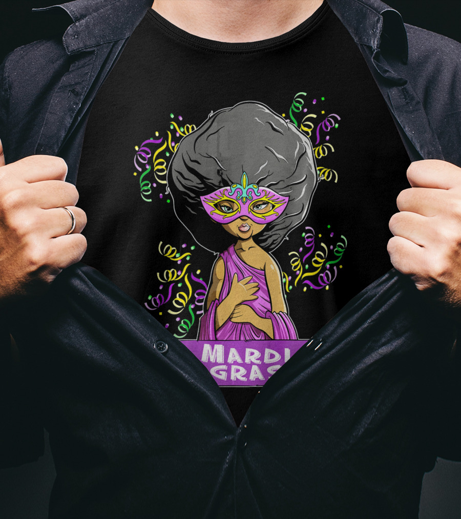 Mardi Gras Woman In Mask With Afro And Purple Dress T-Shirt