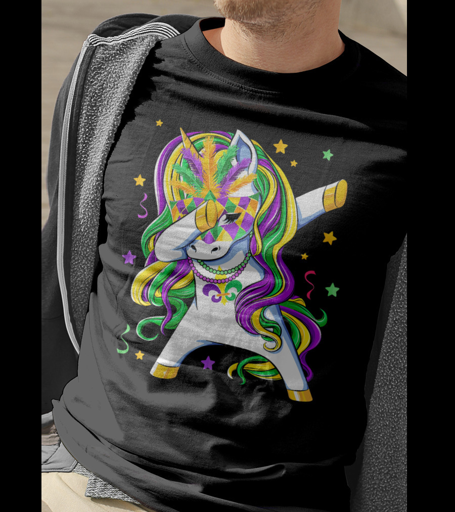 Dabbing Unicorn Mardi Gras Masquerade Beads Costume Carnival T-Shirt