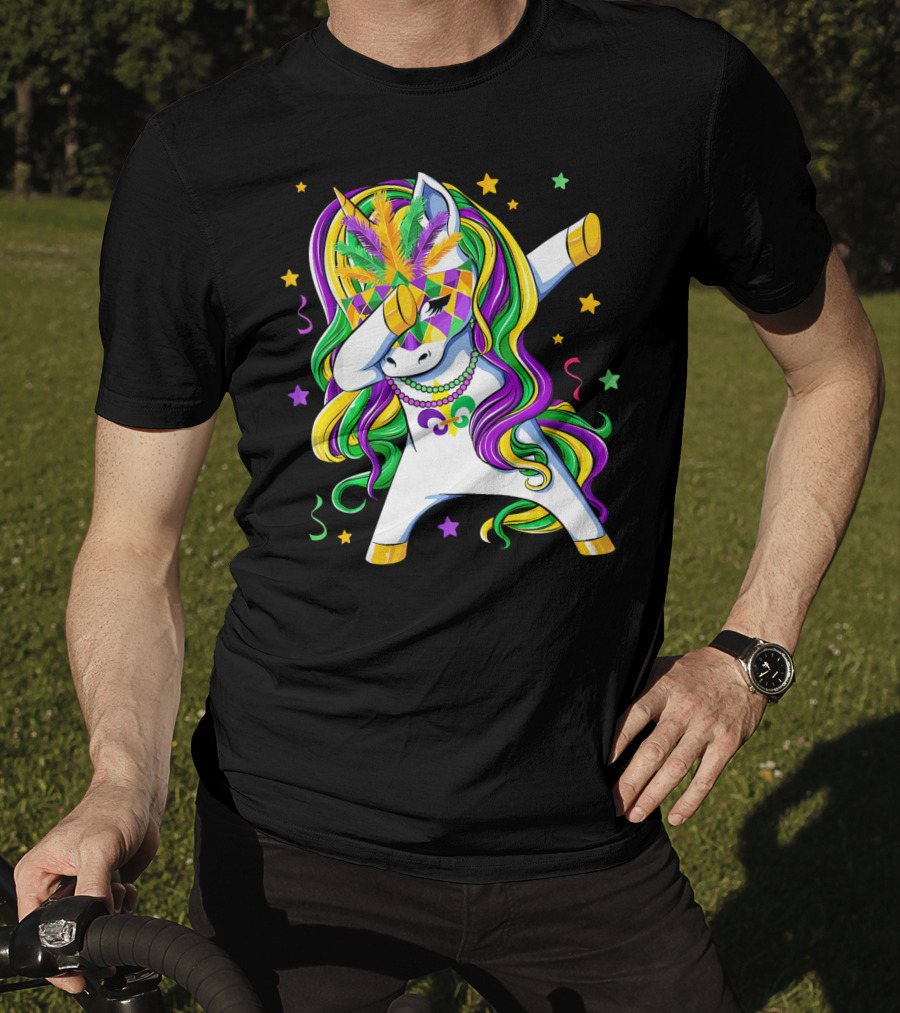 Dabbing Unicorn Mardi Gras Masquerade Beads Costume Carnival T-Shirt