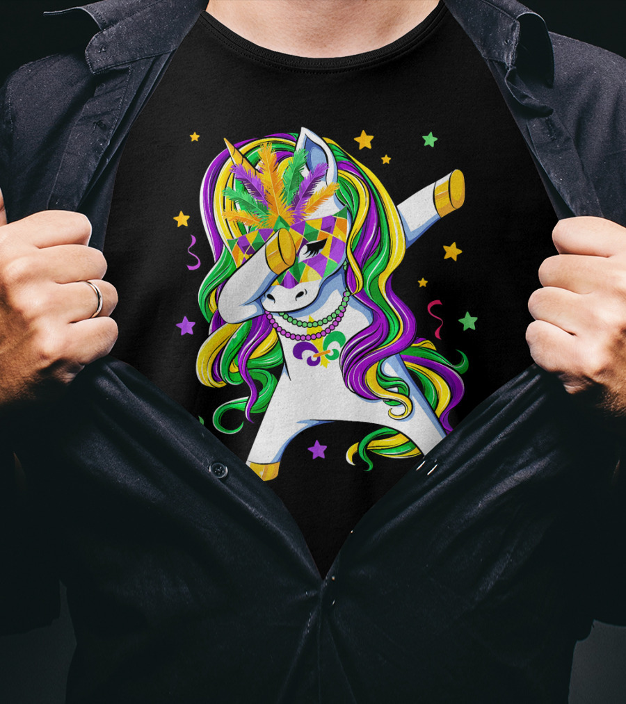 Dabbing Unicorn Mardi Gras Masquerade Beads Costume Carnival T-Shirt