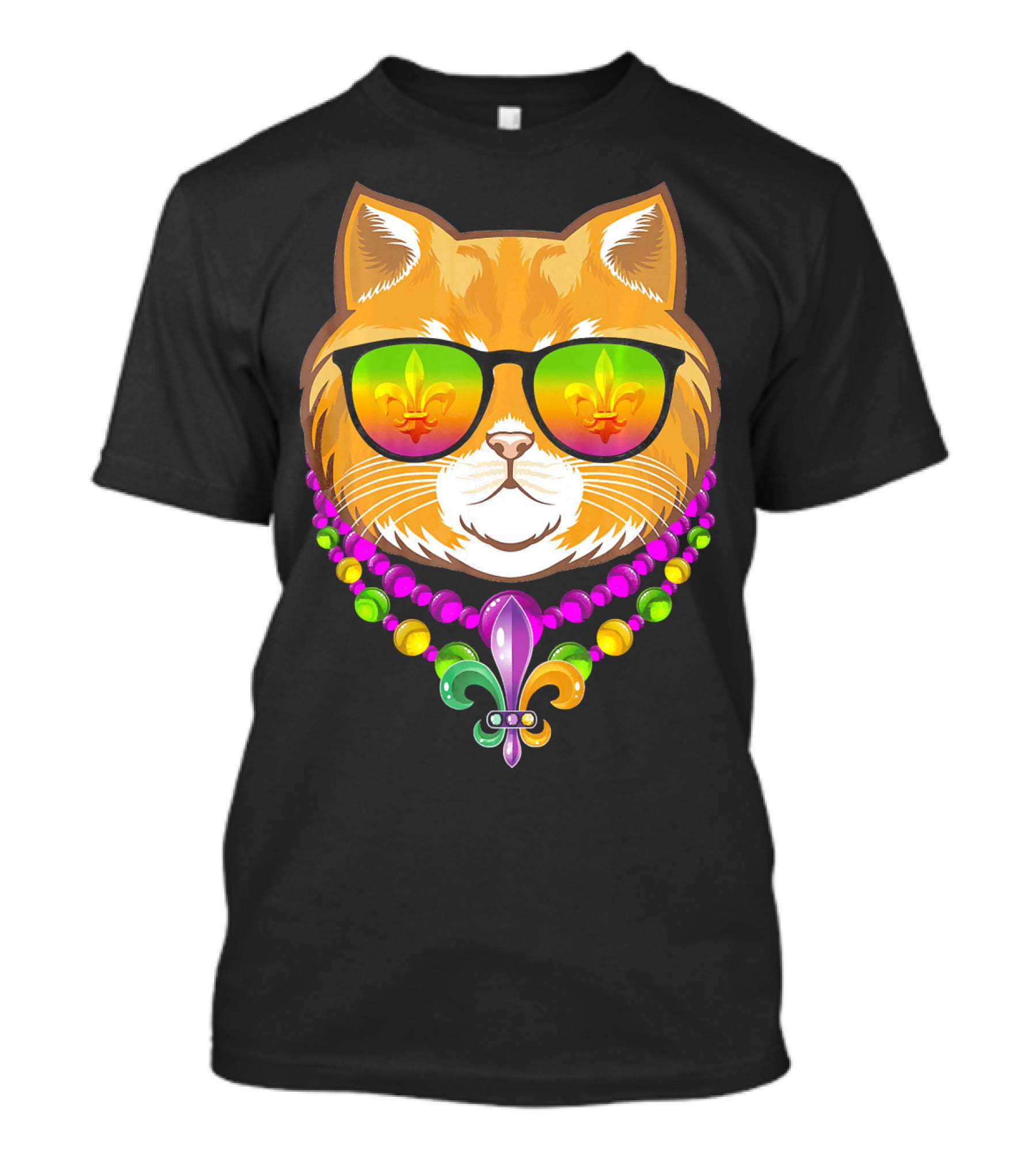 Mardi Gras Cat With Beads And Fleur-de-Lis Sunglasses T-Shirt