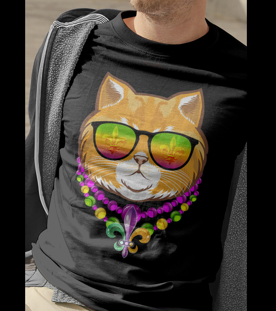 Mardi Gras Cat With Beads And Fleur-de-Lis Sunglasses T-Shirt