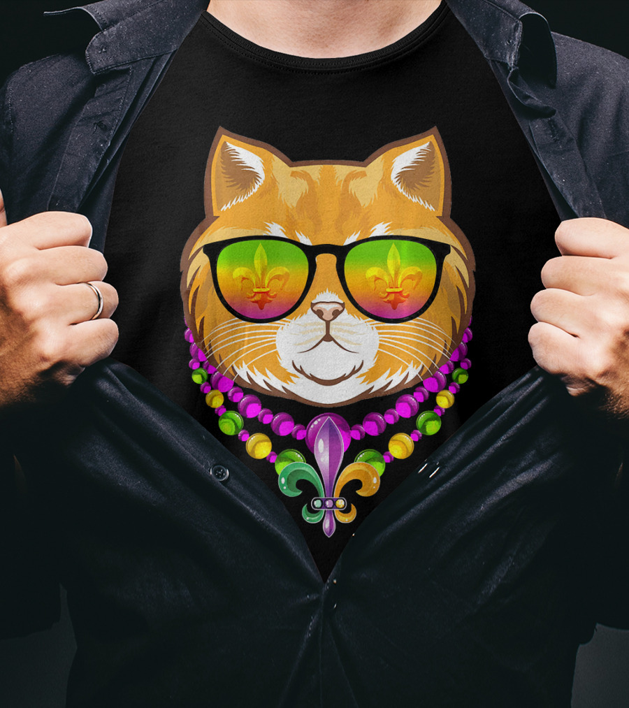 Mardi Gras Cat With Beads And Fleur-de-Lis Sunglasses T-Shirt