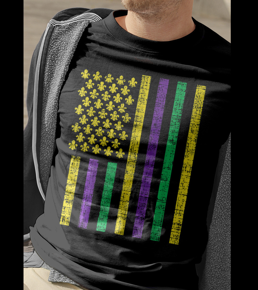 Purple Green Yellow Fleur-de-Lis US Flag Jester T-Shirt