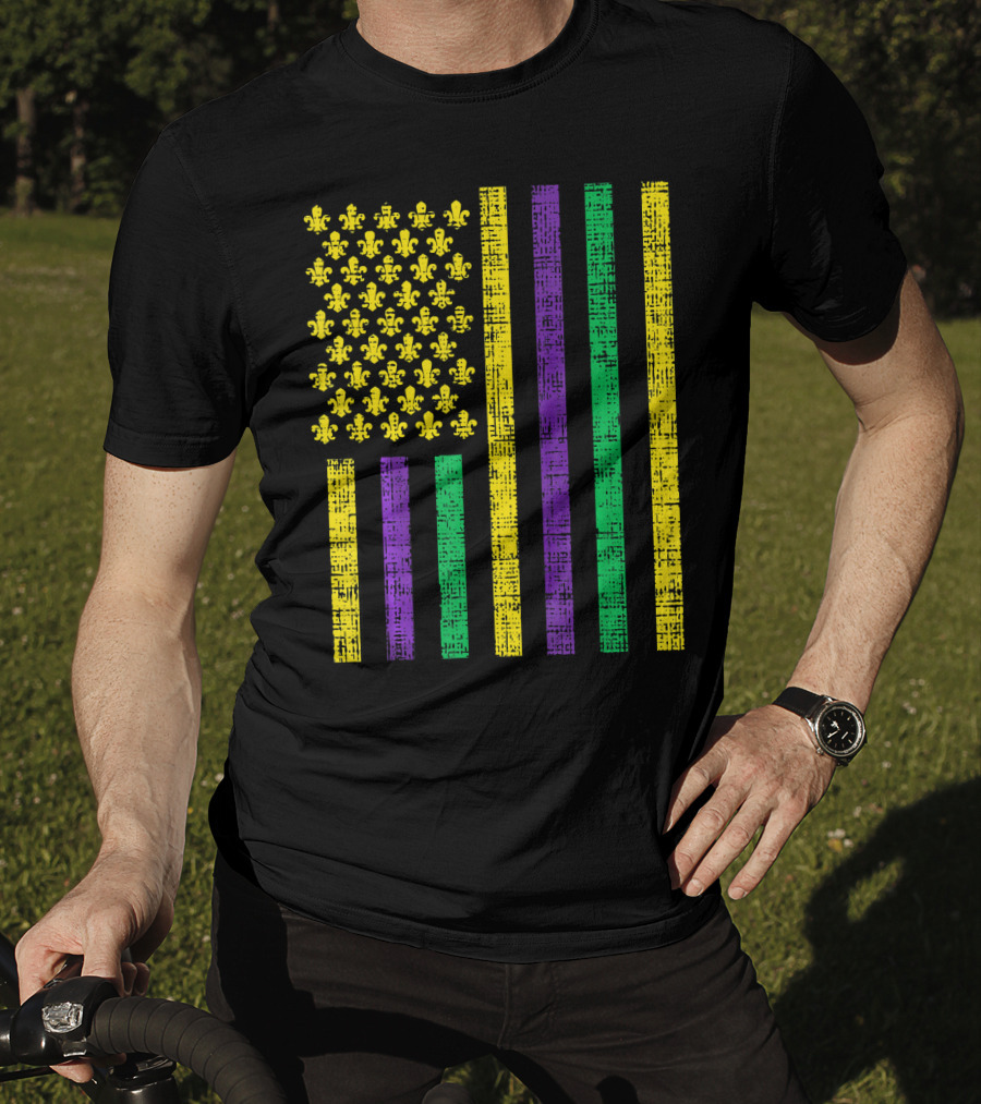Purple Green Yellow Fleur-de-Lis US Flag Jester T-Shirt