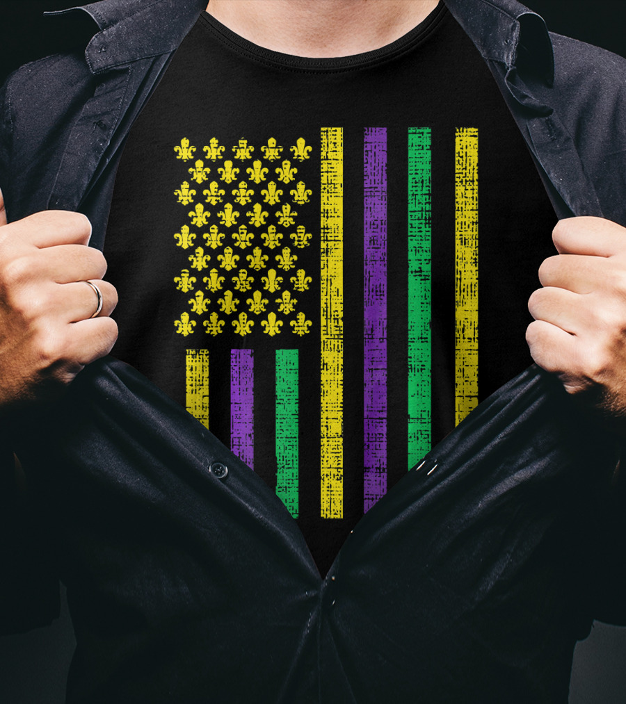 Purple Green Yellow Fleur-de-Lis US Flag Jester T-Shirt