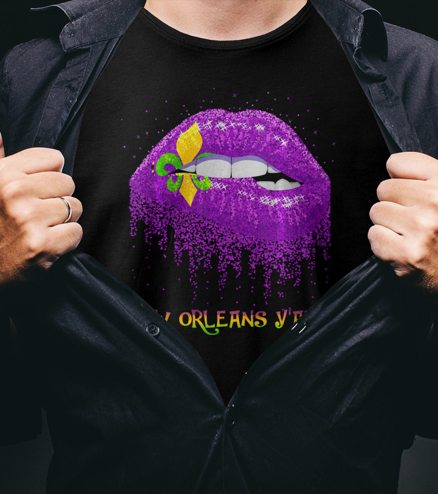 Fleur De Lys Purple Lips Biting New Orleans Y'all T-Shirt