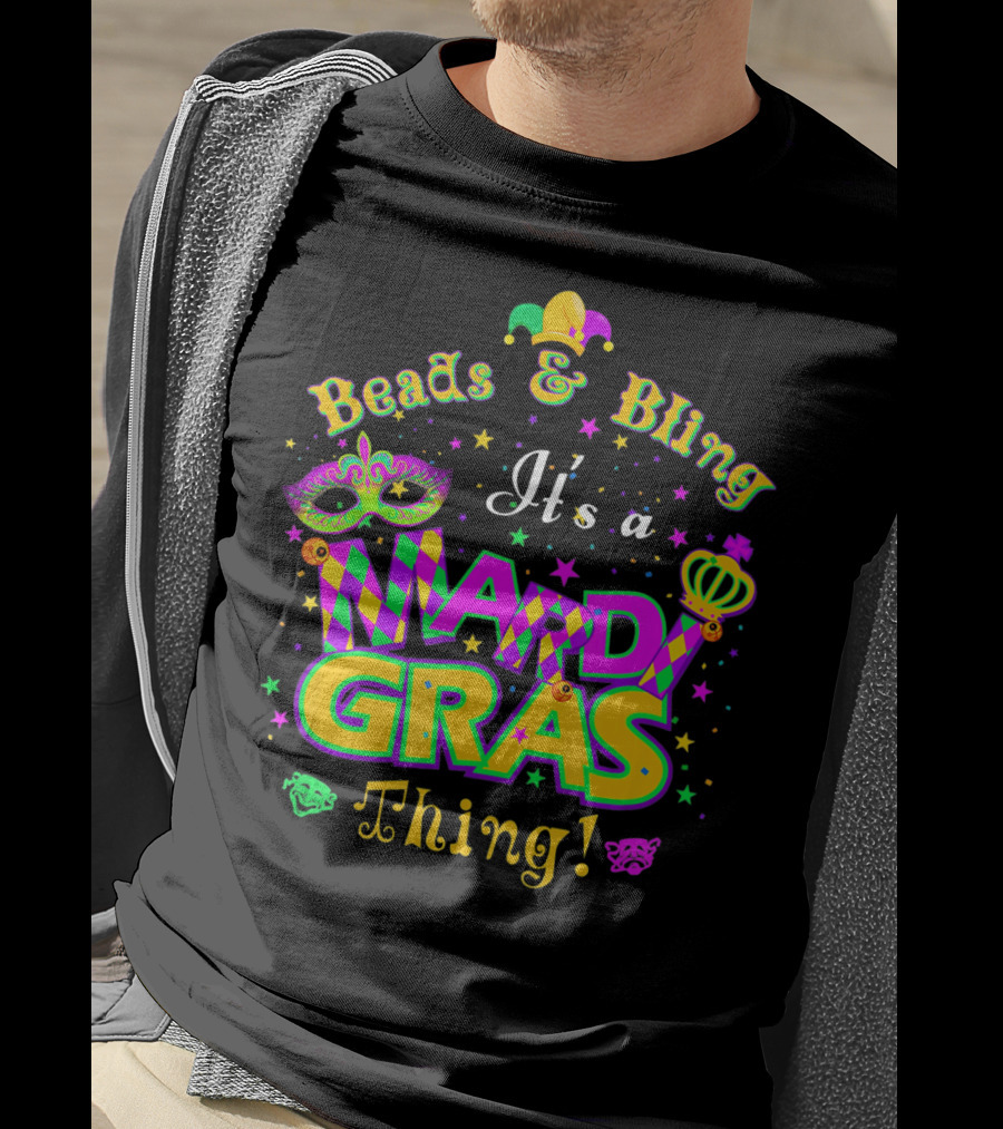 Beads And Bling It's A Mardi Gras Thing Mask Jester Crown Stars T-Shirt