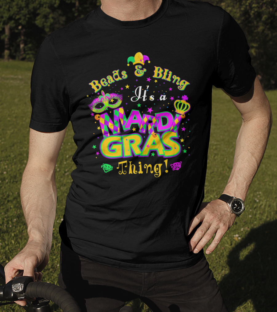 Beads And Bling It's A Mardi Gras Thing Mask Jester Crown Stars T-Shirt